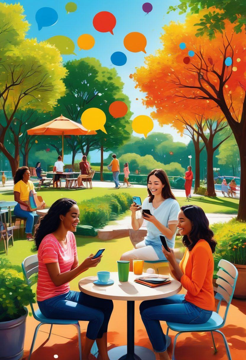 A collage of diverse people happily using their mobile phones in different settings, showcasing budget-friendly plans. Incorporate colorful speech bubbles popping around them with icons representing communication features like calls, texts, and data. Include symbols of affordability such as wallets or savings on the side. Bright and inviting atmosphere with a sense of connectivity and joy. vibrant colors. vector art.
