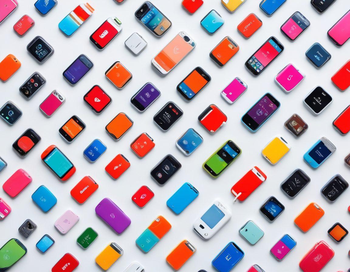 An eye-catching collage featuring a variety of discounted smartphones in vibrant colors, surrounded by price tags and savings symbols. In the background, show flexible cellular plan options like contracts and prepaid cards, artistically intertwined with money-saving icons like piggy banks and coupons. The overall vibe should be dynamic and engaging, emphasizing budget-friendly choices. super-realistic. vibrant colors. white background.